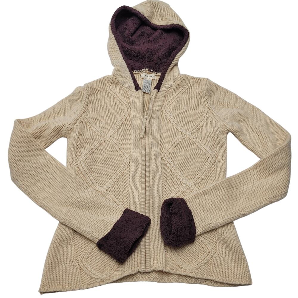 Vintage Anthropologie wool cable knit sweater fur trim zip jacket flip cuff